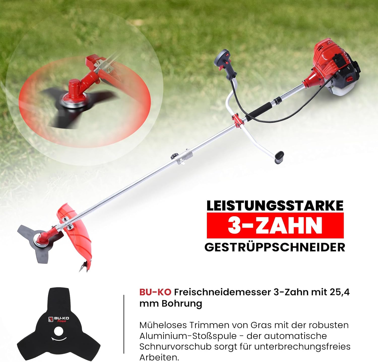 Decespugliatore a benzina BU-KO 52cc tagliaerba attrezzo da giardino include: tagliabordi, decespugliatore con lama a 3 denti, spazzola per erbacce in filo d'acciaio, lama da taglio. Ottimo attrezzo da esterno.