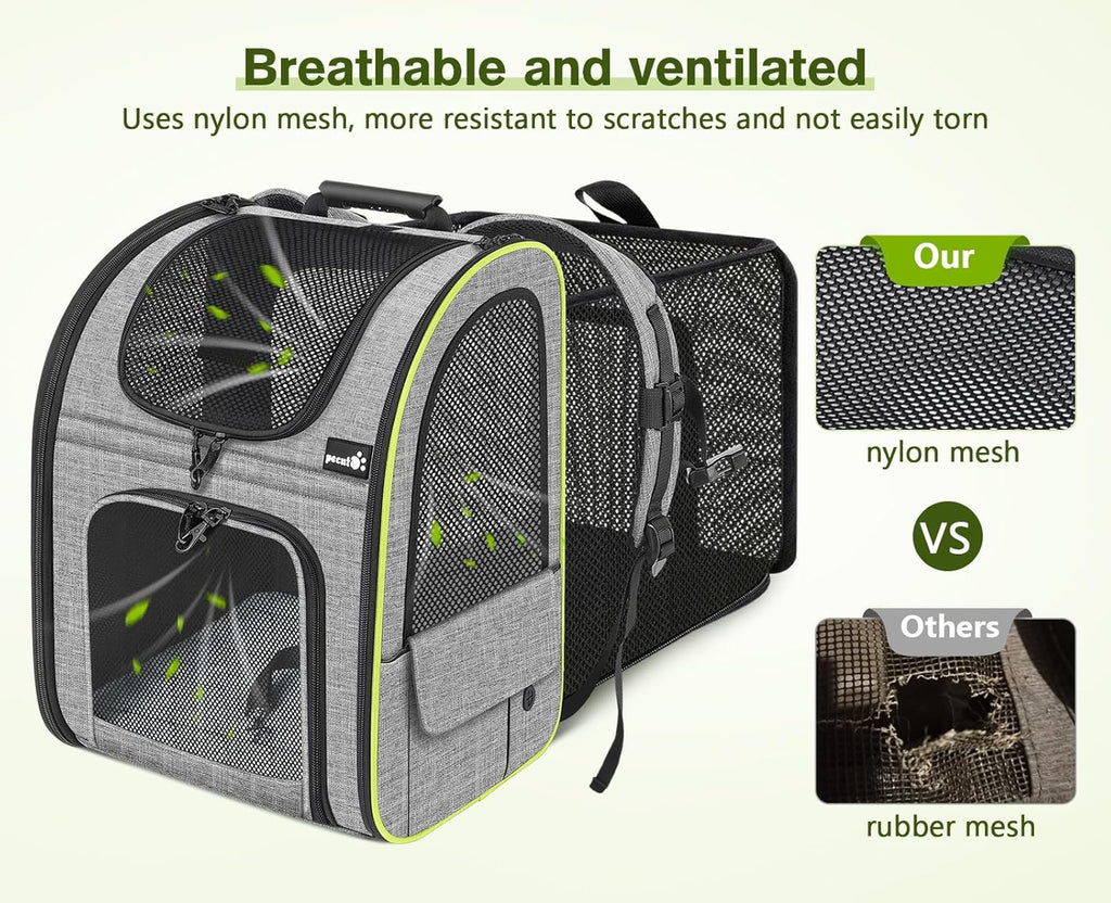 pecute Haustier Rucksack mit Netzfenster, Tragbare und Faltbare Katzentasche, Atmungsaktive und Leichte Hundetasche, Wasserdichtes Oxford-Tuch mit Viel Platz, Multifunktionales Rutschfestes Grau XL