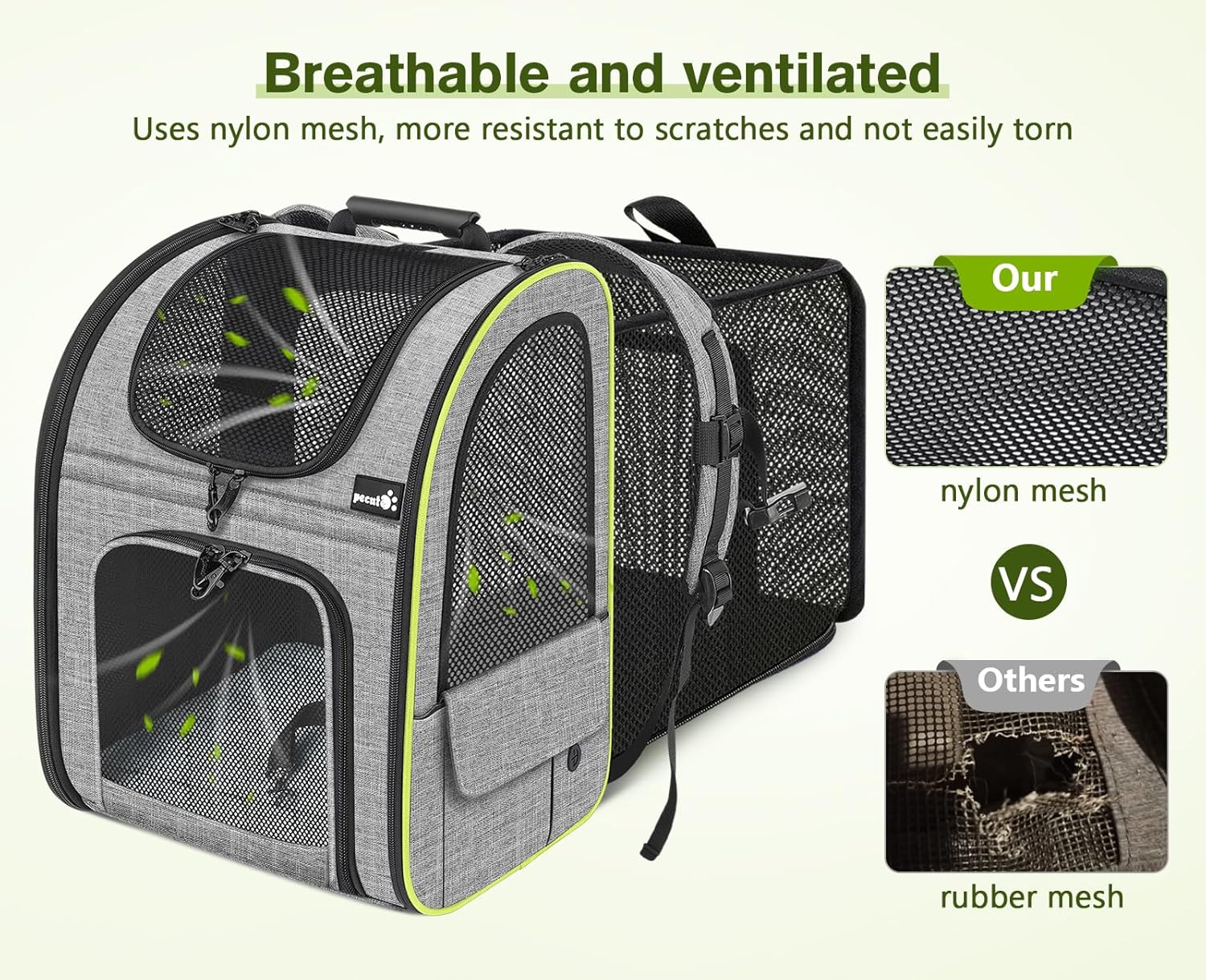 pecute Haustier Rucksack mit Netzfenster, Tragbare und Faltbare Katzentasche, Atmungsaktive und Leichte Hundetasche, Wasserdichtes Oxford-Tuch mit Viel Platz, Multifunktionales Rutschfestes Grau XL