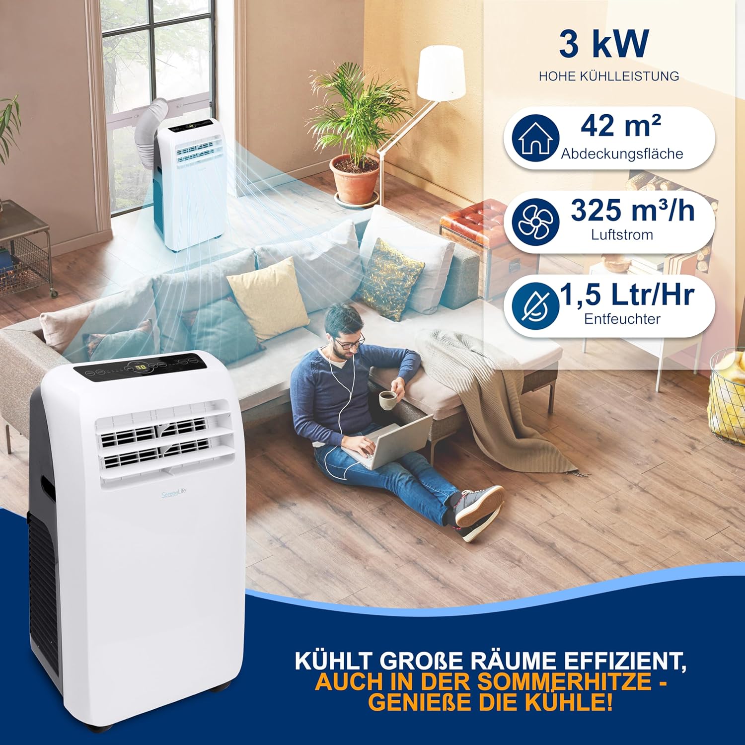 SereneLife Climatizzatore portatile, dispositivo di raffreddamento ad aria mobile 3 in 1 con tubo di scarico - Refrigeratore ad aria, deumidificatore e ventilatore, climatizzatore 9.000 BTU, 1,5 L umidità/ora, raffredda ambienti fino a 42 m