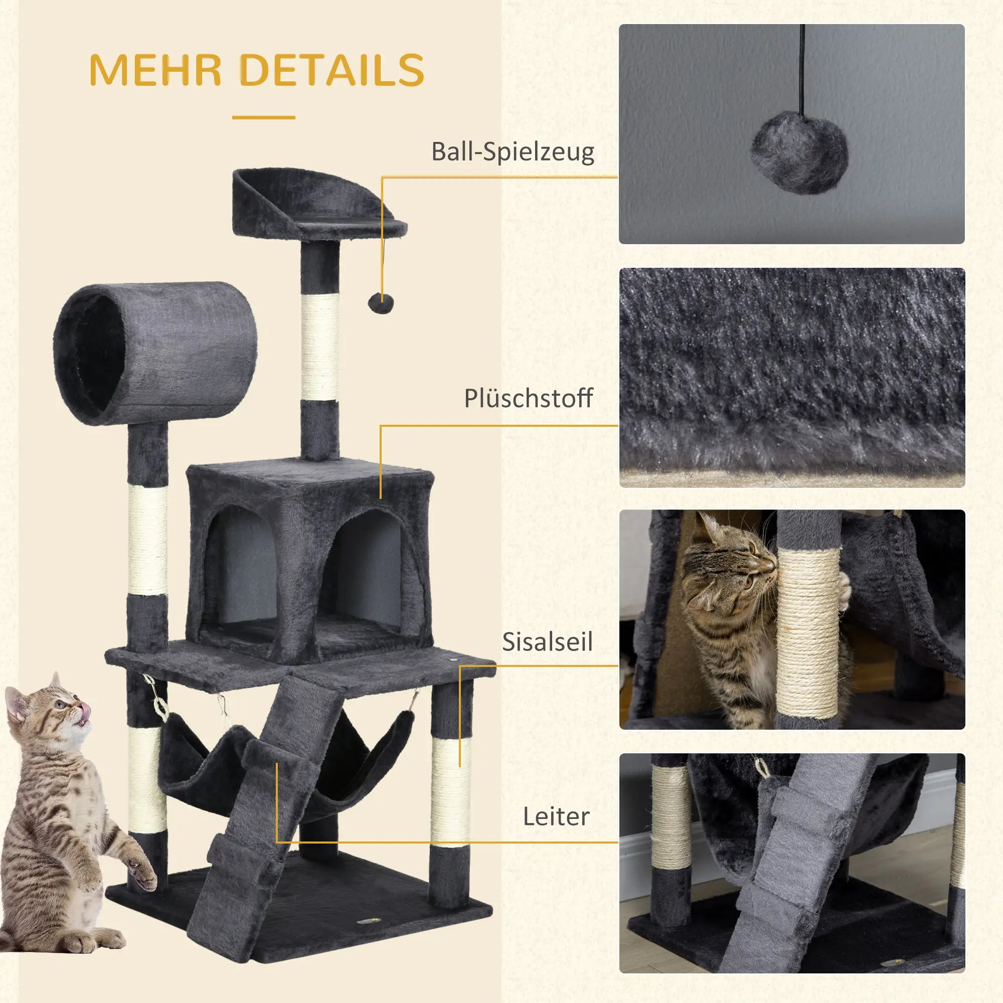 PawHut Tiragraffi Mobili per Gatti con Casetta Amaca Giochi