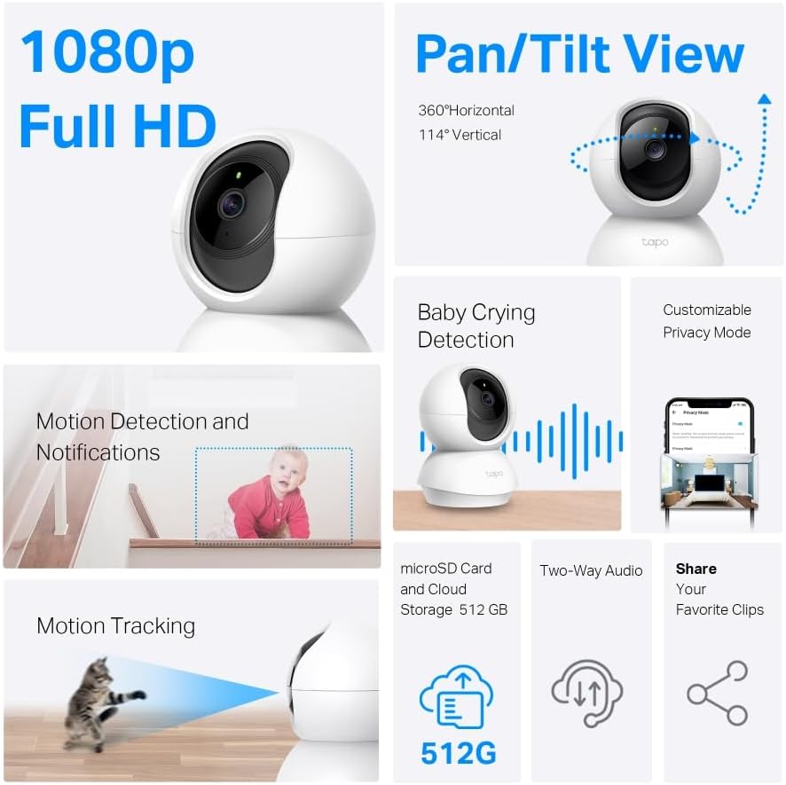 Tapo TP-Link C200P2 360° berwachungskamera für den Innenbereich, 1080P, Nachtsicht, Bewegungserkennung, Zwei-Wege-Audio, kompatibel mit Alexa&Google Assistant, für Babys/Haustiere, 2 stück C200