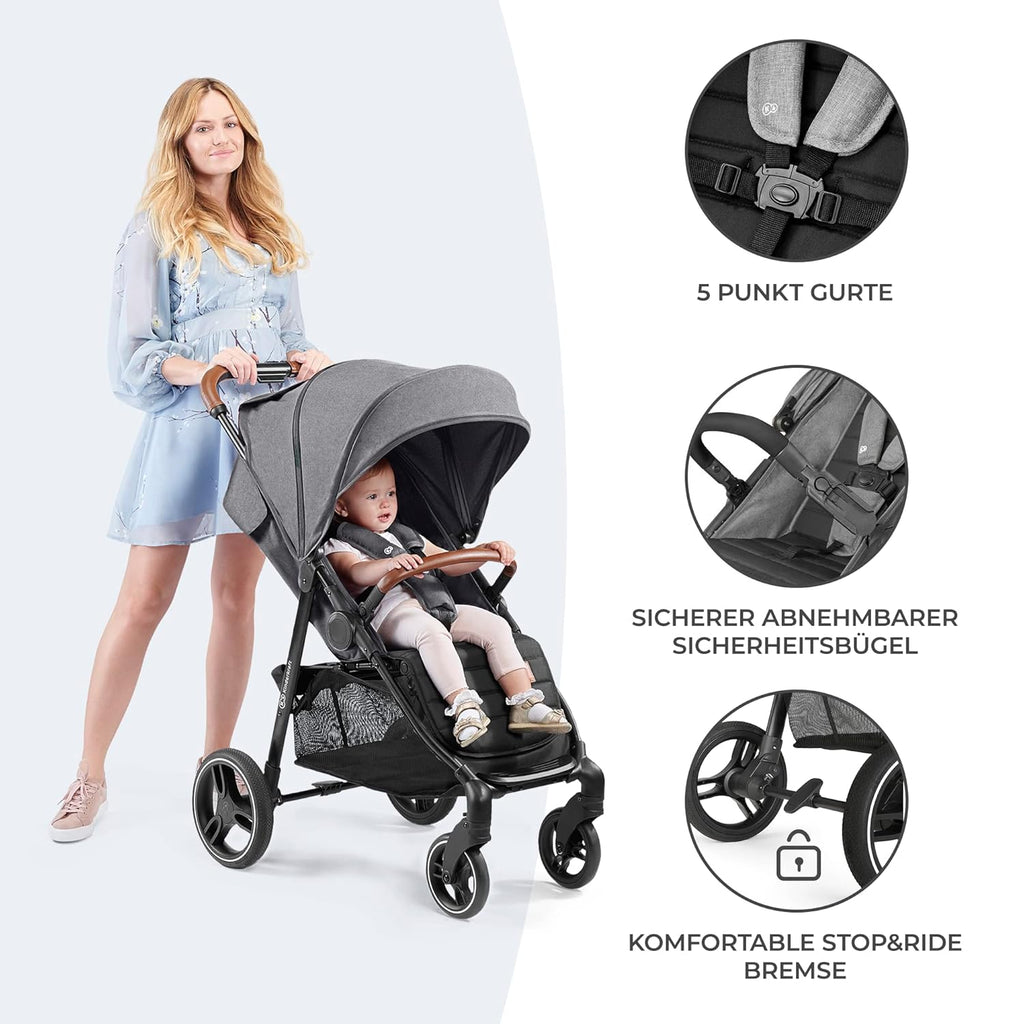 Kinderkraft GRANDE PLUS Passeggino Kinderkraft dalla nascita fino a 22 kg, chiusura con una mano, posizione reclinata, cappottina grande con finestra, tutte e 4 le ruote ammortizzate, seduta spaziosa, Grigio