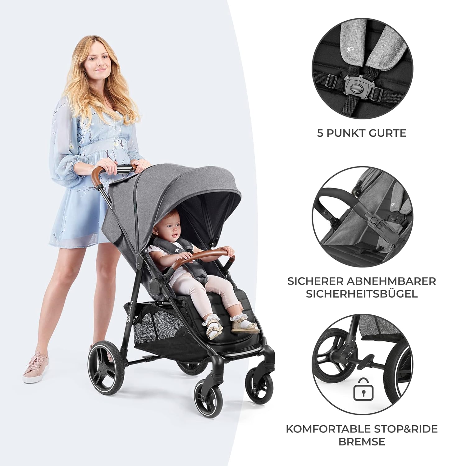 Kinderkraft GRANDE PLUS Passeggino Kinderkraft dalla nascita fino a 22 kg, chiusura con una mano, posizione reclinata, cappottina grande con finestra, tutte e 4 le ruote ammortizzate, seduta spaziosa, Grigio