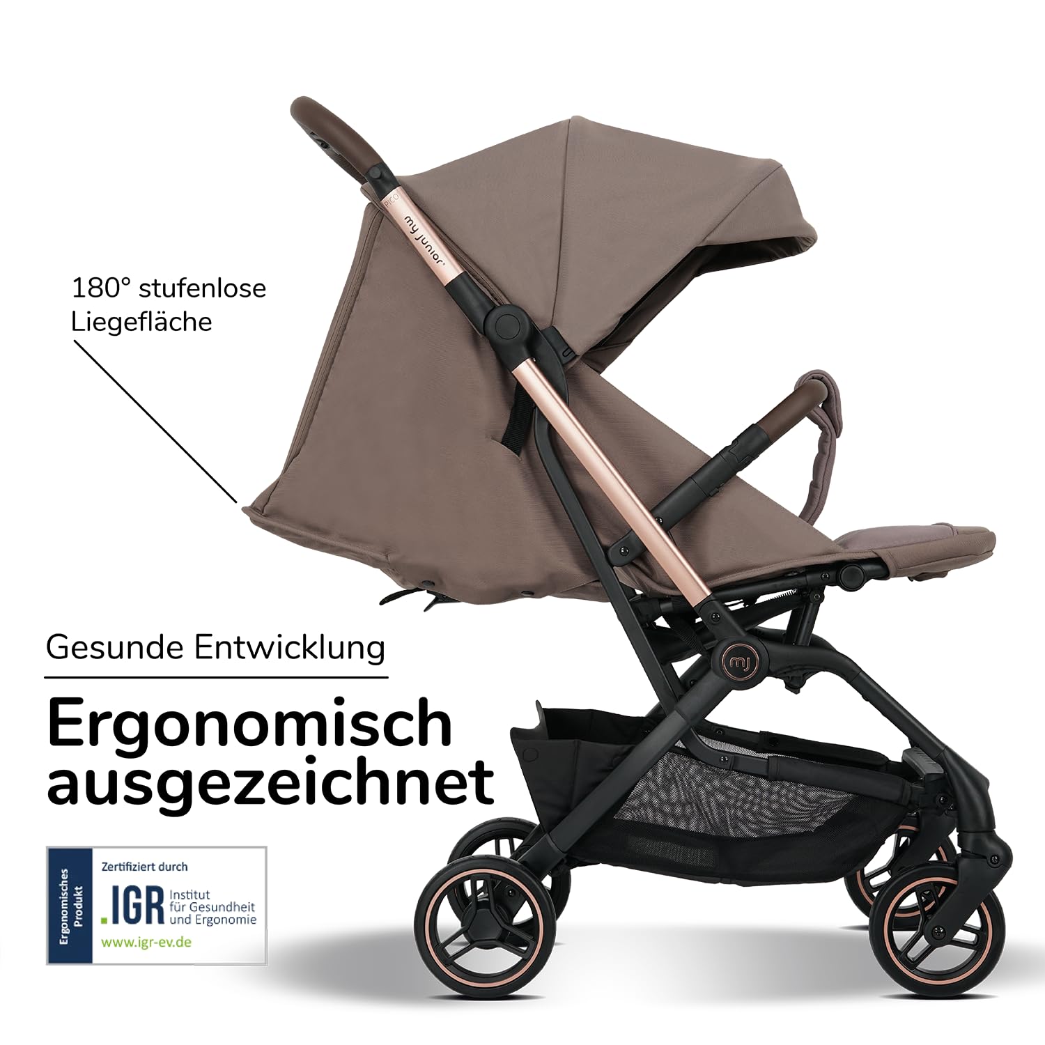 my junior® Buggy PICO³ | bis 22kg | Einhand AutoFold-Klappmechanismus | Ergonomische Liegeposition nach IGR e.V. | großes Sonnenverdeck UV50+ | Handgepäckmaß | 2 Belüftungsfenster Hazel - Black