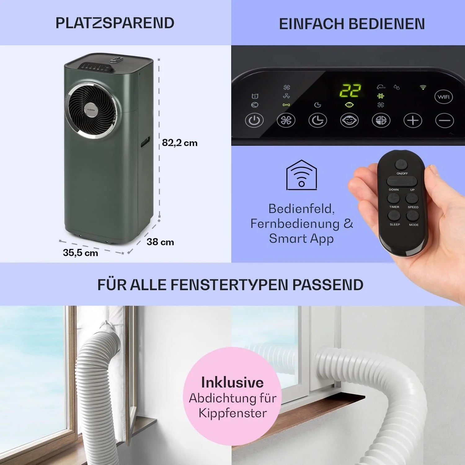 Klarstein Condizionatore Portatile 5-in-1 con Tubo di Scarico, Ventilatore, Deumidificatore, Purificatore d'Aria e Modalità Notturna, Controllo tramite App, Piccolo e Portatile, per Casa e Ufficio, 12000 BTU