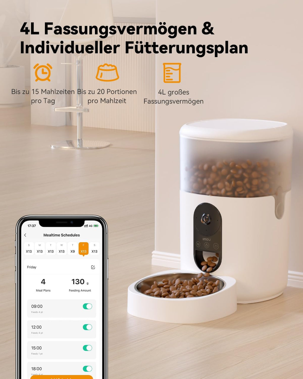 Imou Mangiatoia Automatica per Gatti da 4L con Fotocamera 4MP e 360°, Dispenser Automatico per Gatti/Cani con Sensore di Basso Livello di Cibo e Blocco, Rilevamento di Movimento e Animali Domestici, 1-15 Pasti/Giorno