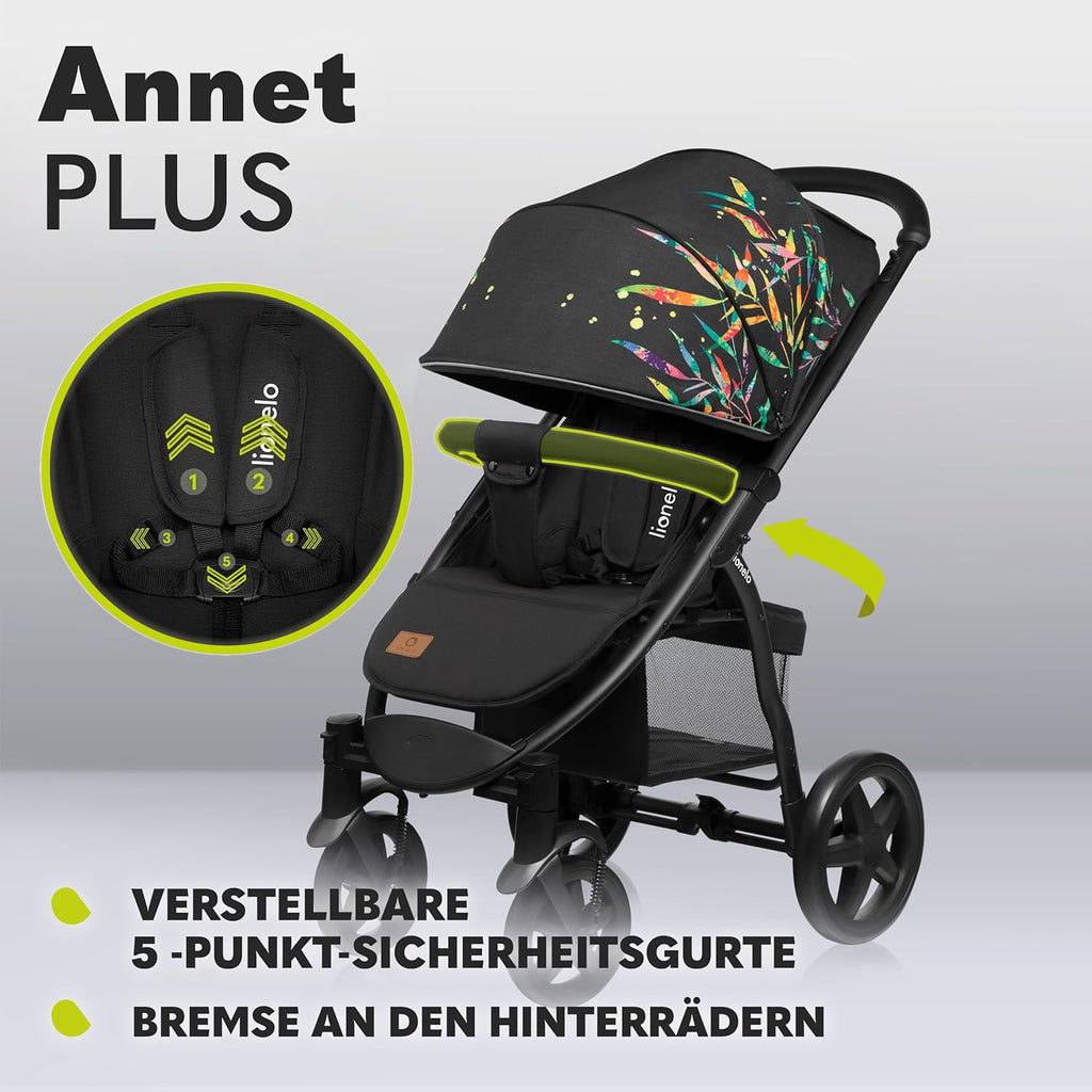 LIONELO Annet Buggy fino a 22 kg con funzione reclinabile, passeggino compatto richiudibile con accessori, ruote in schiuma EVA, zanzariera, coprigambe, portabevande, cestino (Golden Moments, Tour)