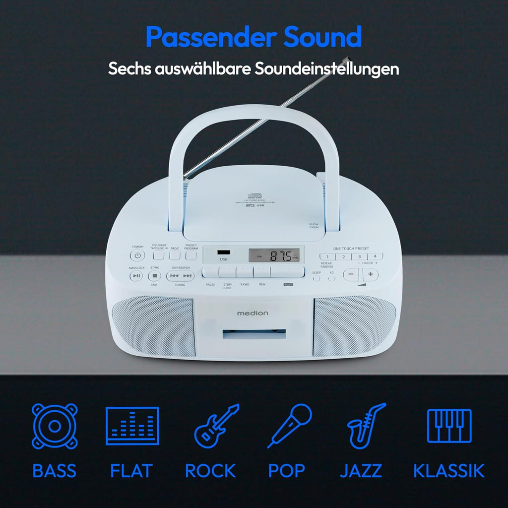 MEDION E65010 Radioregistratore stereo (lettore CD, cassetta, porta USB, ingresso audio AUX, riproduzione MP3, radio PLL FM, 40 stazioni memorizzabili, funzionamento a batteria, telecomando) bianco