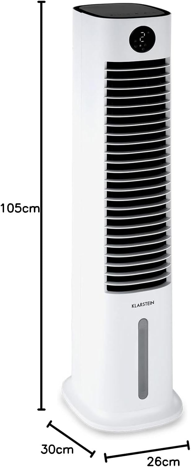 Klarstein Raffreddatore d'aria con Raffreddamento ad acqua, Raffrescatore Evaporativo 5 in 1, Umidificatore, Ventilatore e Purificatore d'aria, Raffreddatore d'aria Portatile con Controllo App, 80W, Flusso d'aria 462m³/h, Bianco