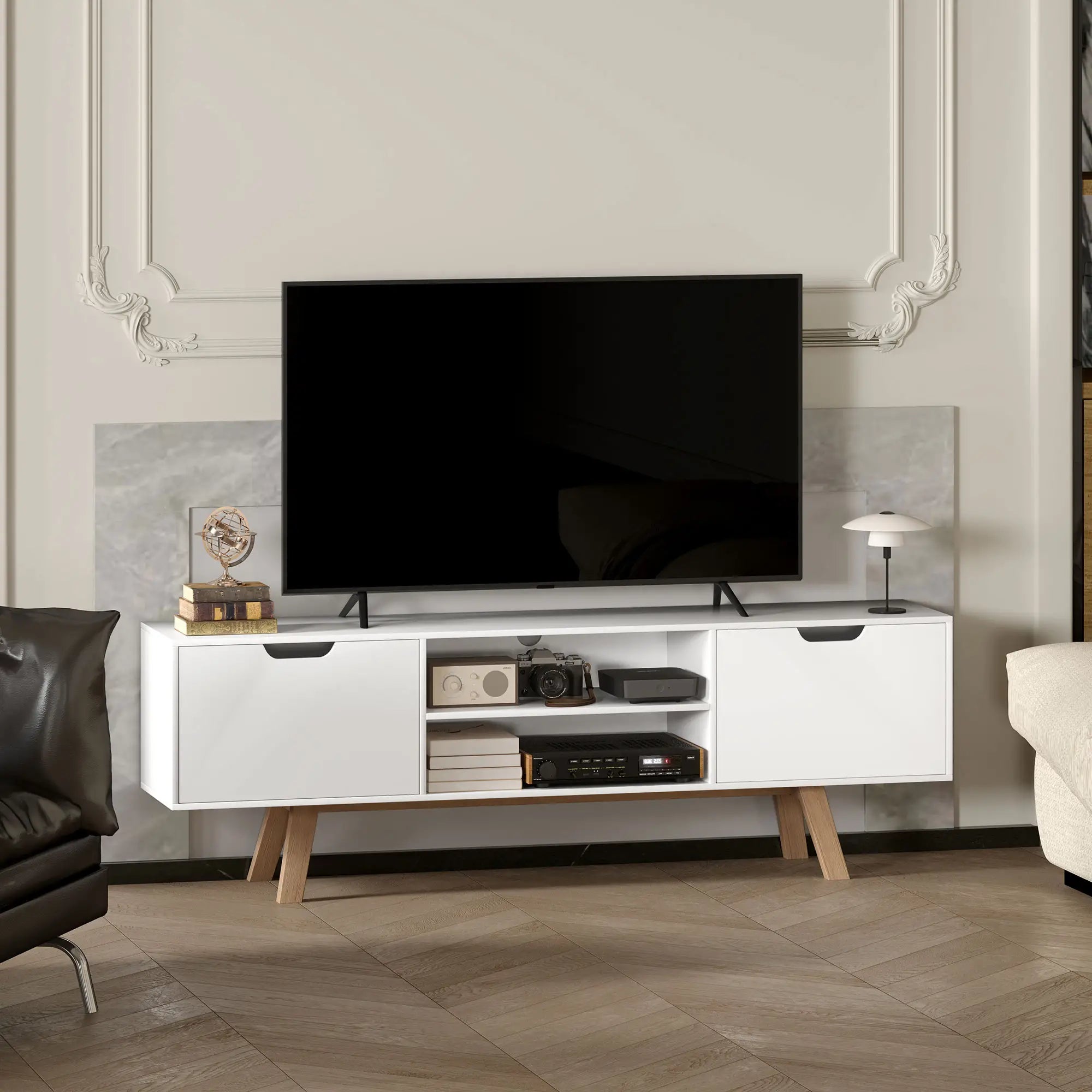 HOMCOM Mobile TV con Passacavi e 2 Armadietti, Bianco, 65 Pollici