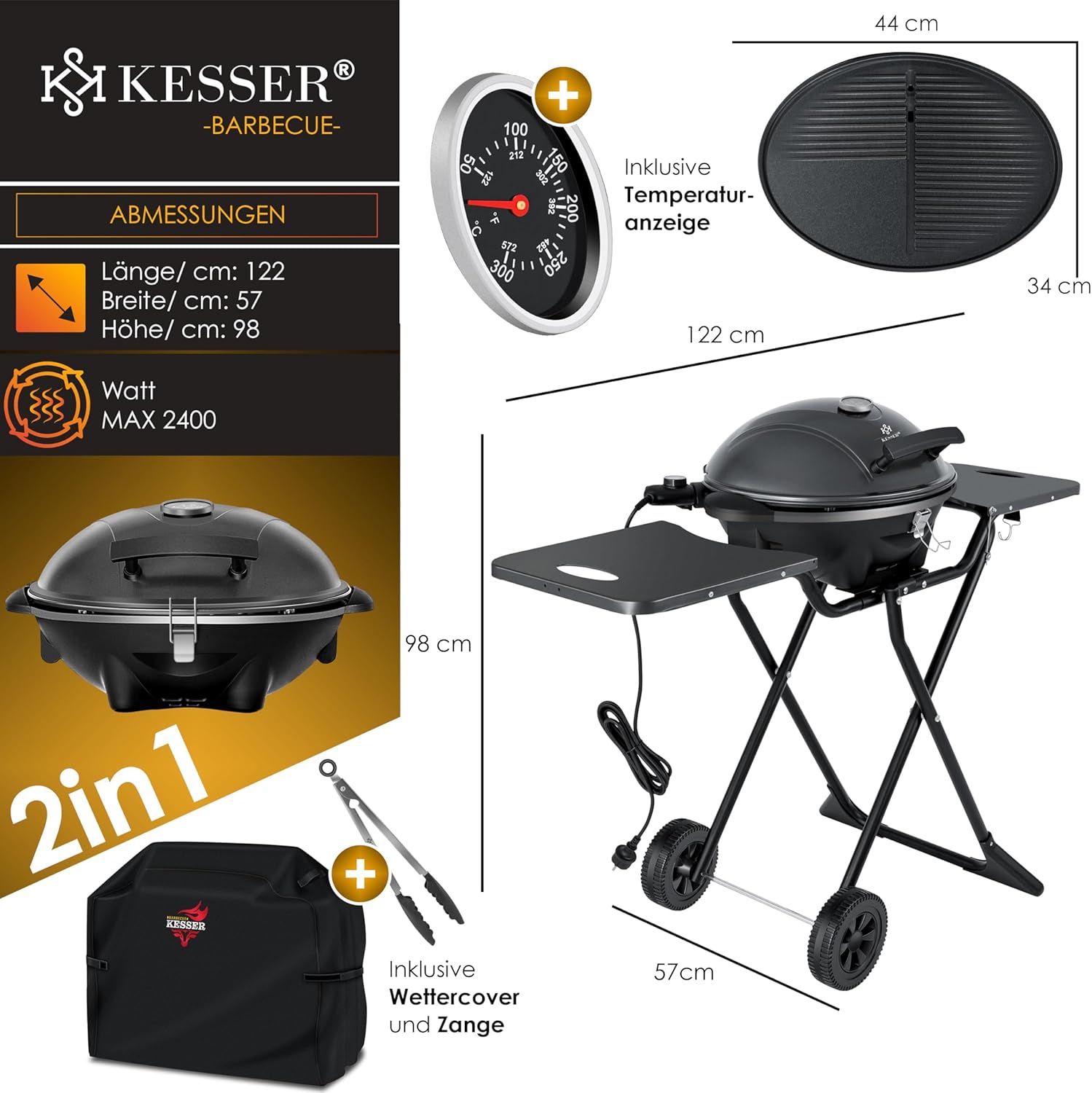 KESSER® elektrischer Elektrogrill 2in1 Tischgrill - Standgrill mit Deckel und Standfuß | max. 2400 Watt | Faltbar | Thermostat | Antihaftbeschichtung | Grillplatte Abstelltische | 2 Räder |