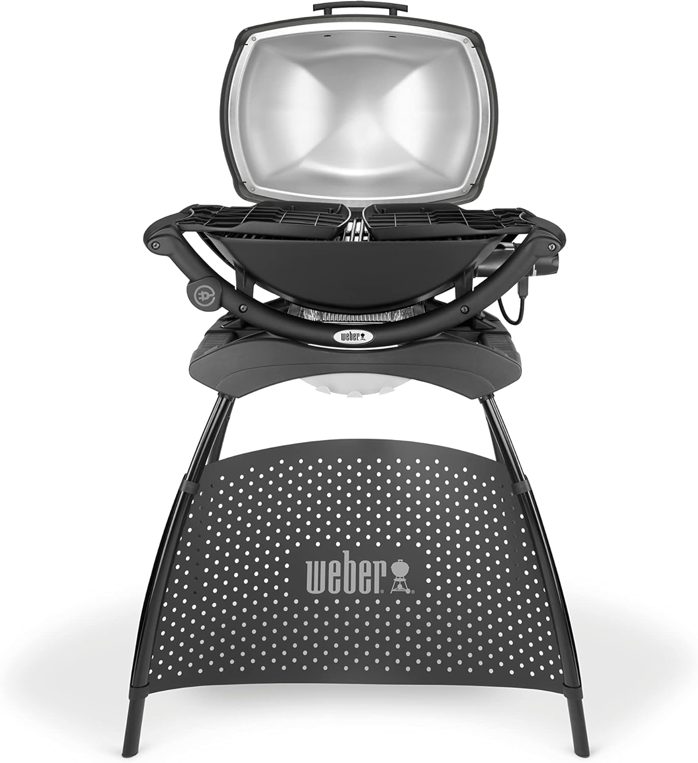 Weber Q2400 Barbecue elettrico con supporto + tavolini laterali, superficie di cottura 54 x 39 cm, portatile, griglia di cottura in ghisa smaltata in due pezzi, coperchio e braciere in ghisa d'alluminio - Grigio scuro (55020879)