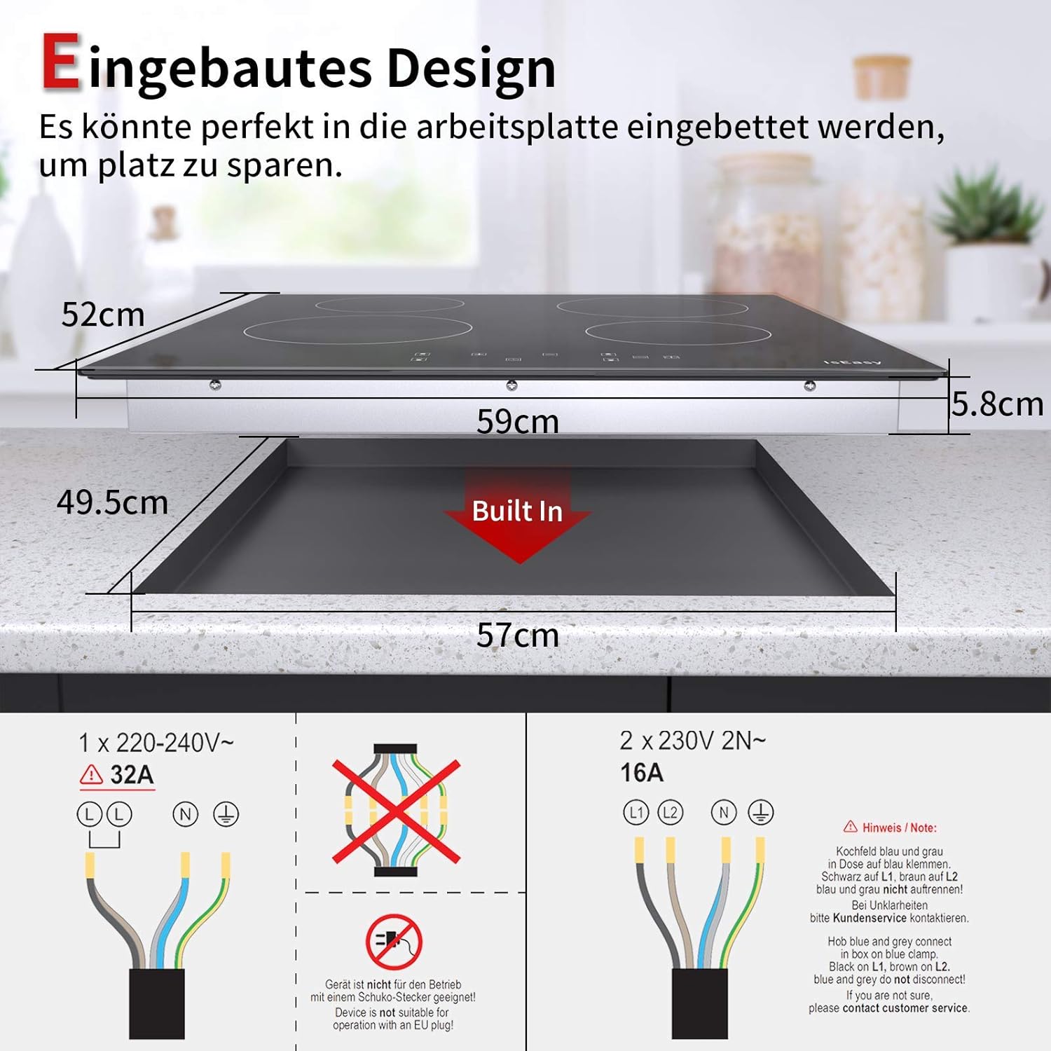 IsEasy 4 Zonen Einbau Induktionskochfeld mit 9 Leistungsstufen &1-99Min Timer, Boost-Funktion, Induktionskochplatte, Induktion Herdplatte mit 4 Platten, 60cm, 6800W, Schwarz
