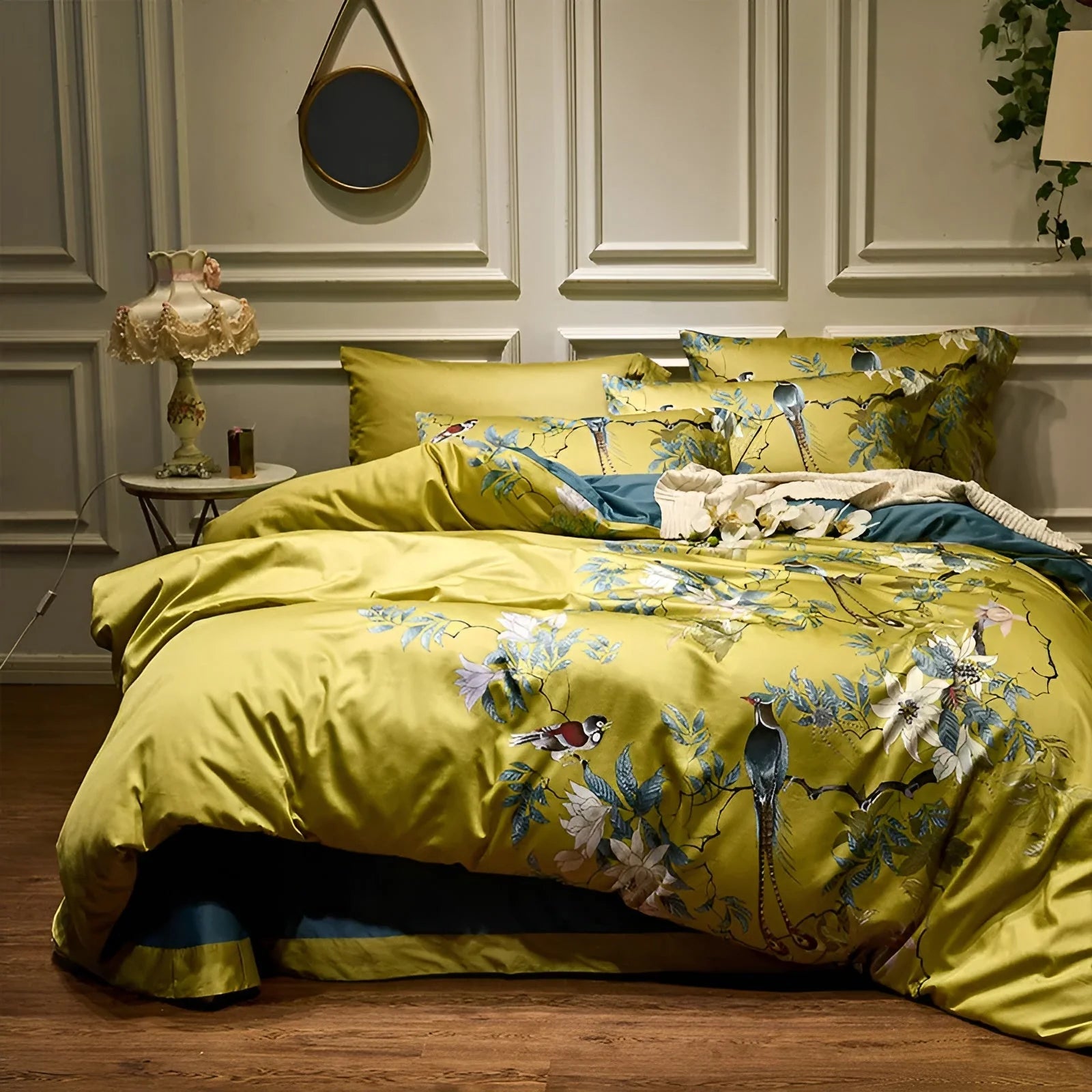Piumone YellowSilk - Elegante set di biancheria da letto floreale con motivi di uccelli e piante