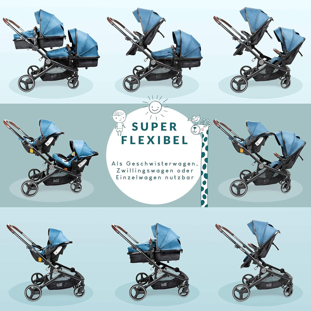 babyGO Passeggino 3 in 1 per gemelli - Passeggino fratellare/Passeggino per fratelli per neonati - Passeggino gemellare/Passeggino per 2 bambini con molti accessori (Blu Melange-senza ovetto)