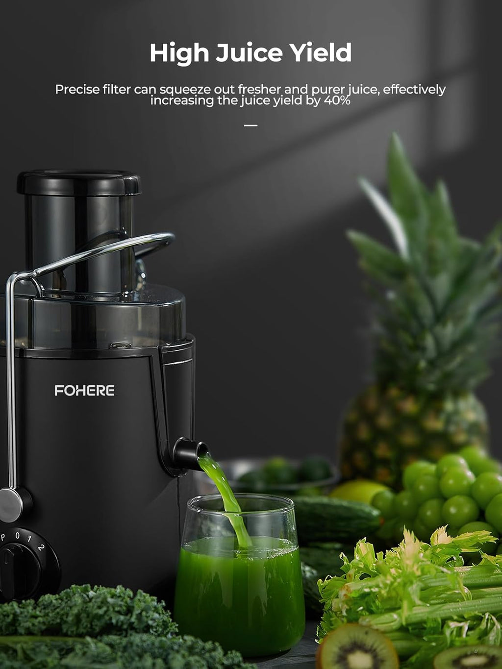 FOHERE Centrifuga per Frutta e Verdura in Acciaio Inox, 400W con Imboccatura Larga da 65 MM e 3 Velocità, Funzione Anti-Goccia e Protezione da Surriscaldamento con Spazzola per la Pulizia, Argento