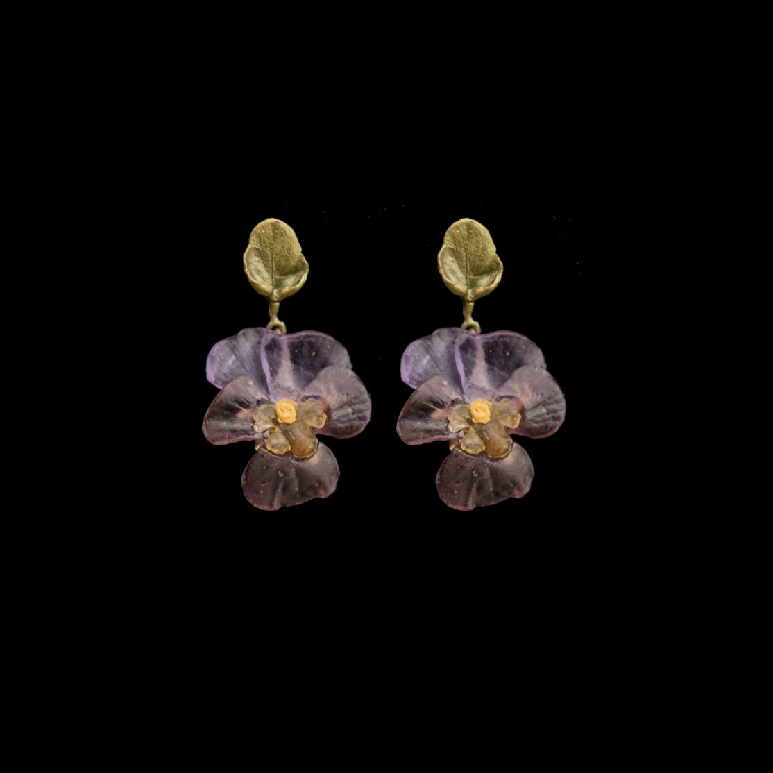 Orecchini a perno con viola del pensiero - Piccoli fiori con foglia