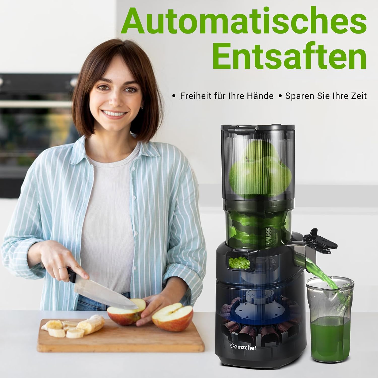 AMZCHEF Estrattore di Succo Automatico Tutto in Uno, Apertura da 135MM e Spremiagrumi da 1,8L per Frutta e Verdura, Estrattore di Succo Lento 250W Vincitore del Test con Triplo Filtro - Nero