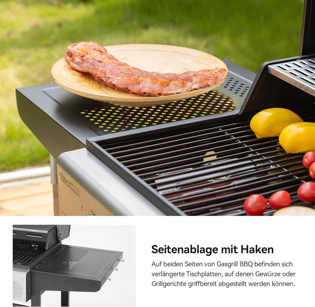 Royal Gourmet Grill a gas carrello 3 bruciatori 9 kW, fornello a gas da campeggio con piastra di cottura, barbecue da giardino con apribottiglie, regolatore di pressione e tubo del gas, griglia di cottura ca. 60 x 42 cm, Nero