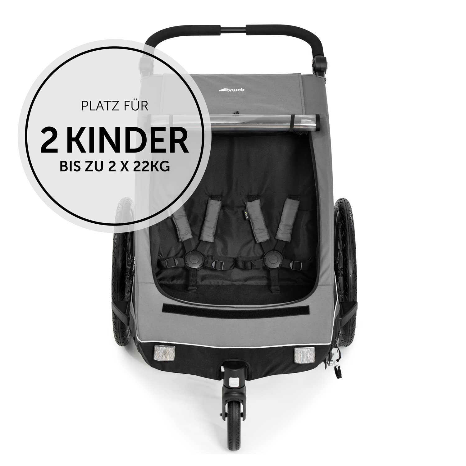 hauck Rimorchio Bici & Passeggino Dryk Duo Plus con Sospensioni, per 2 Bambini (6-48 mesi), incl. Timone, Ruota da Passeggino, Bandierina e Luce LED, Pieghevole, Regolabile in Altezza, Baule XL (Verde Scuro)