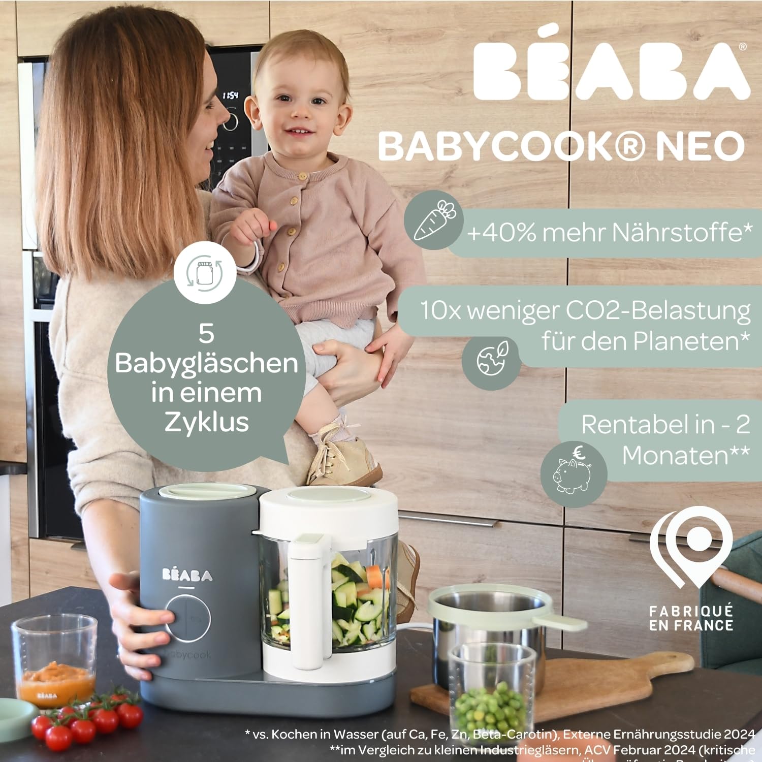 Béaba - Babycook Neo - 6 in 1 Babynahrungszubereiter - Schonender Dampfgarer - Glaskrug und Garkorb aus Edelstahl - Mineralgrau
