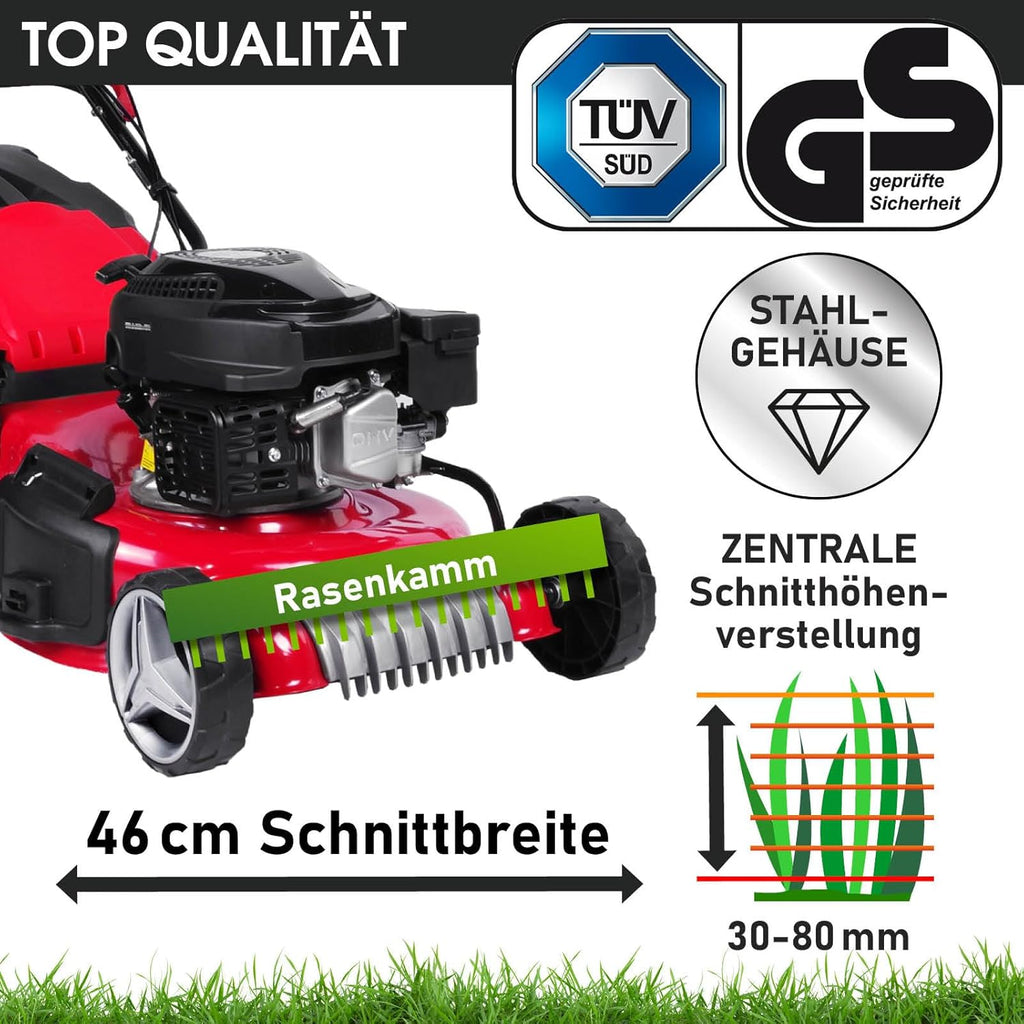 BRAST® Benzin Rasenmäher mit Antrieb | 3,5kW (4,76PS)-5,2kW(7PS) | 46-51cm Schnittbreite | viele Modelle | TÜV | 4 Takt OHV Motor | 30-80mm Schnitthöhe | 60L Fangkorb | Stahlgehäuse | RED LINE 7PS