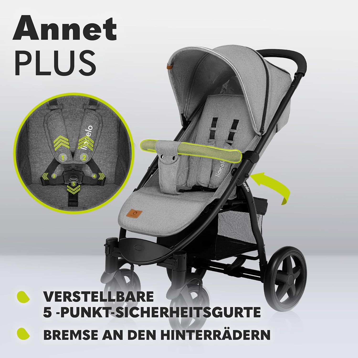 LIONELO Annet Buggy fino a 22 kg con funzione reclinabile, passeggino compatto richiudibile con accessori, ruote in schiuma EVA, zanzariera, coprigambe, portabevande, cestino (Golden Moments, Tour)