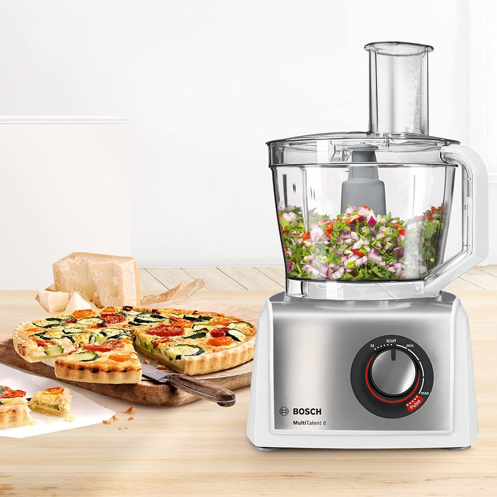 Bosch Kompakt-Küchenmaschine MultiTalent 8 MC812S814, 45 Funktionen, XXL-Rührschüssel 3,9 L, Mixer 1,5 L, Universalmesser, Rührbesen, schneiden und raspeln (fein,grob), 1250 W, wei/edelstahl