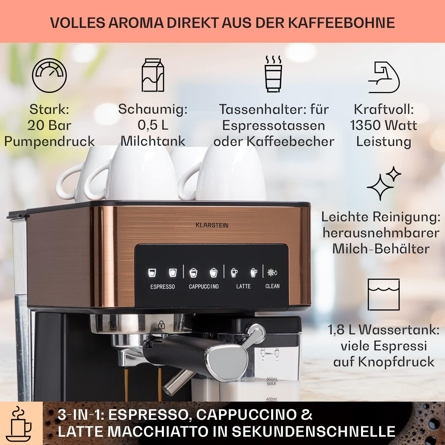 Klarstein Espresso Macchina da Caffè con Lancia Vapore, Macchina Espresso da 1,8L con Portafiltro, 20 Bar, Acciaio Inox, Compatta, Serbatoio Latte da 0,5L, 1350W Caffettiera per Caffè Macinato