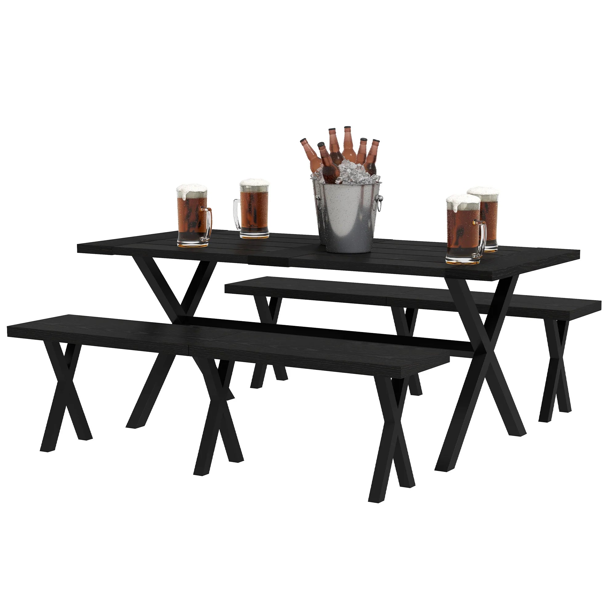 Outsunny Set Tavolo da Birreria 3 pz. con Foro per Ombrellone Effetto Legno