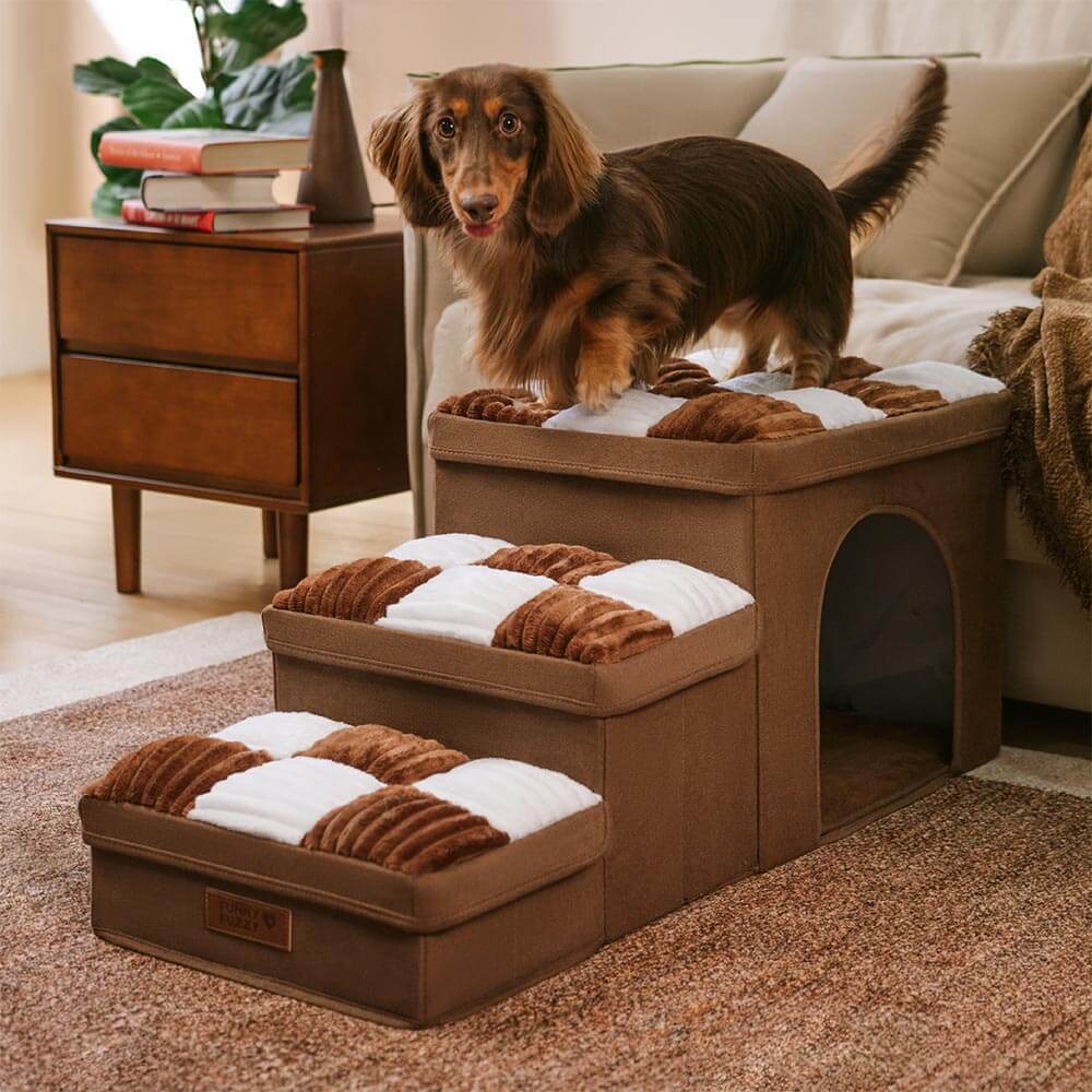 Scaletta multifunzionale per cani con vano portaoggetti e accogliente cuccia - Napsteps