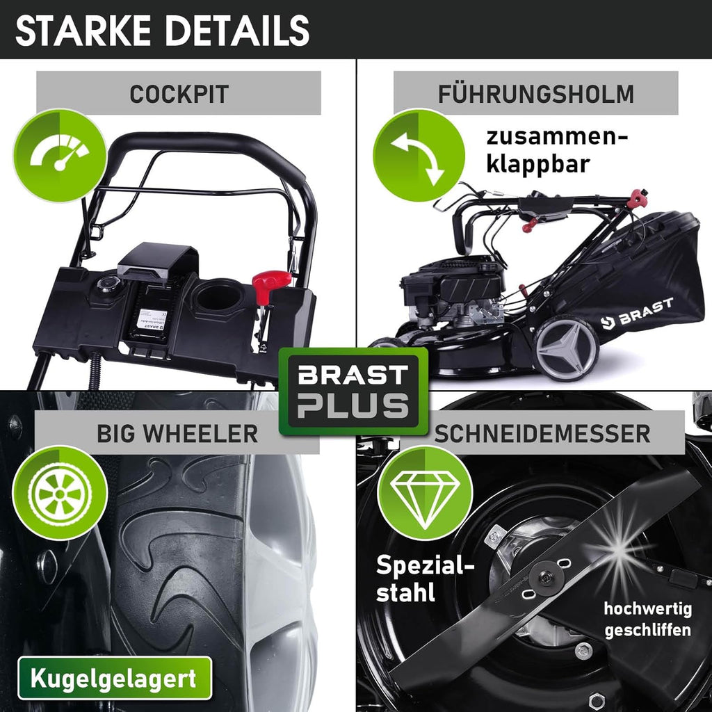 BRAST Tosaerba a Benzina con Trazione | 3,0kW (4,1PS) | Avviamento Elettrico | 41cm Larghezza di Taglio | Vari Modelli | TÜV | Motore 4 Tempi OHV | Altezza di Taglio 25-75mm | Cesto Raccolta 40L | Scocca in Acciaio | 16145 Estart