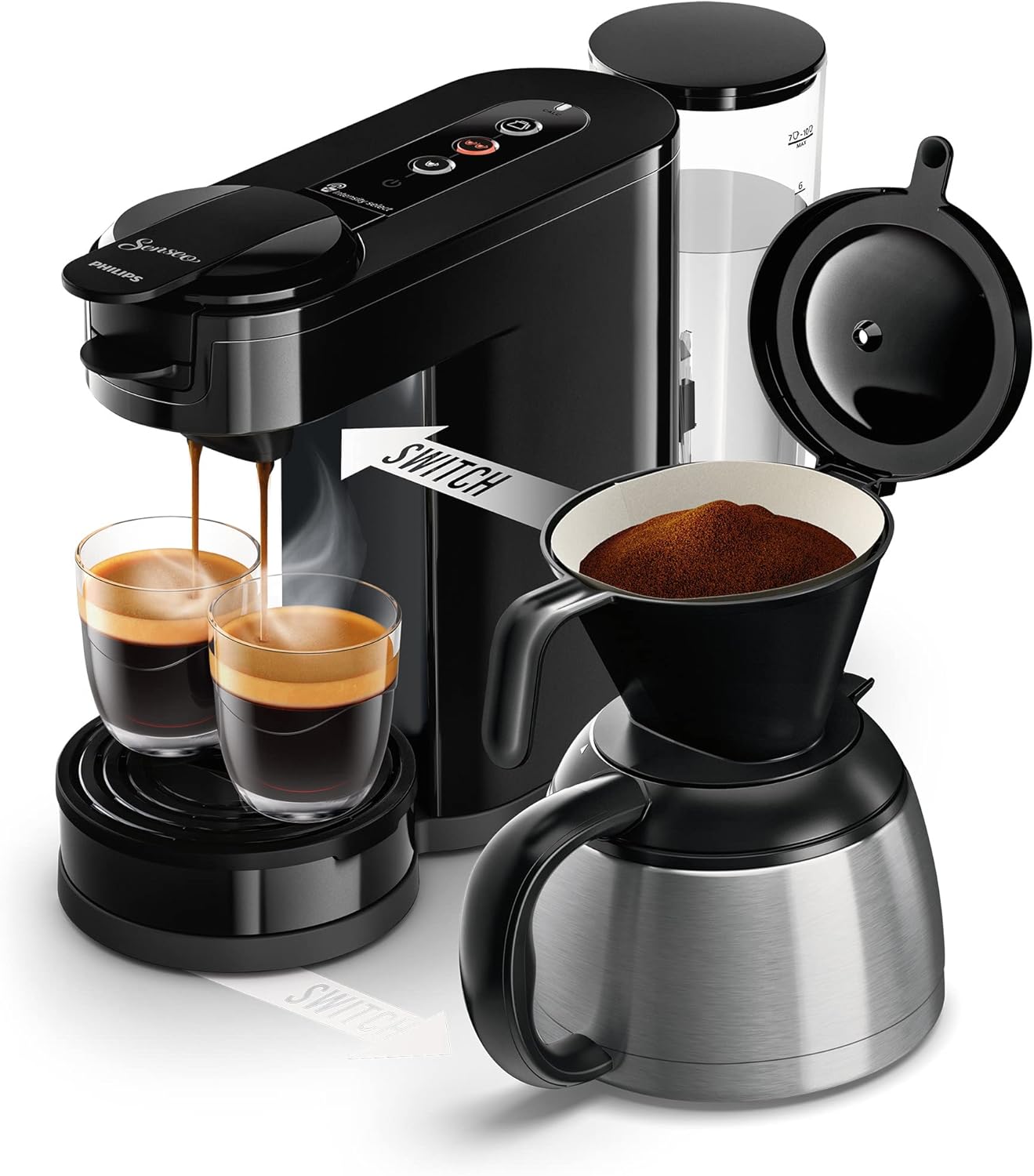 Philips Senseo Switch Macchina da caffè con cialde e filtro, Tecnologia di erogazione 2 in 1, Serbatoio dell'acqua da 1 litro, 7 tazze in un solo ciclo, Nero lucido (HD6592/64)