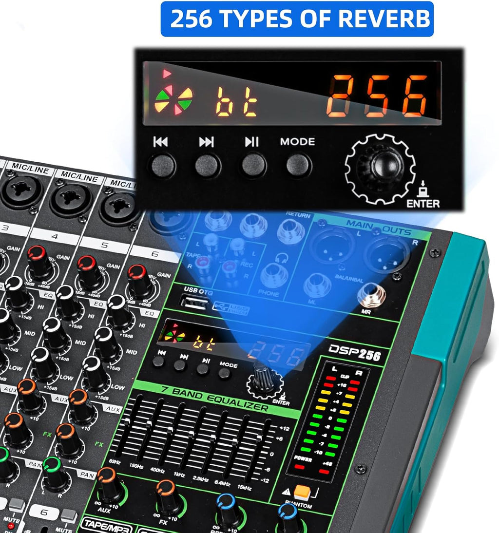 Depusheng PA12 Mixer DJ Professionale a 12 Canali con 256 Effetti DSP, Ingresso Bluetooth, Lettore USB, Alimentazione Phantom 48V
