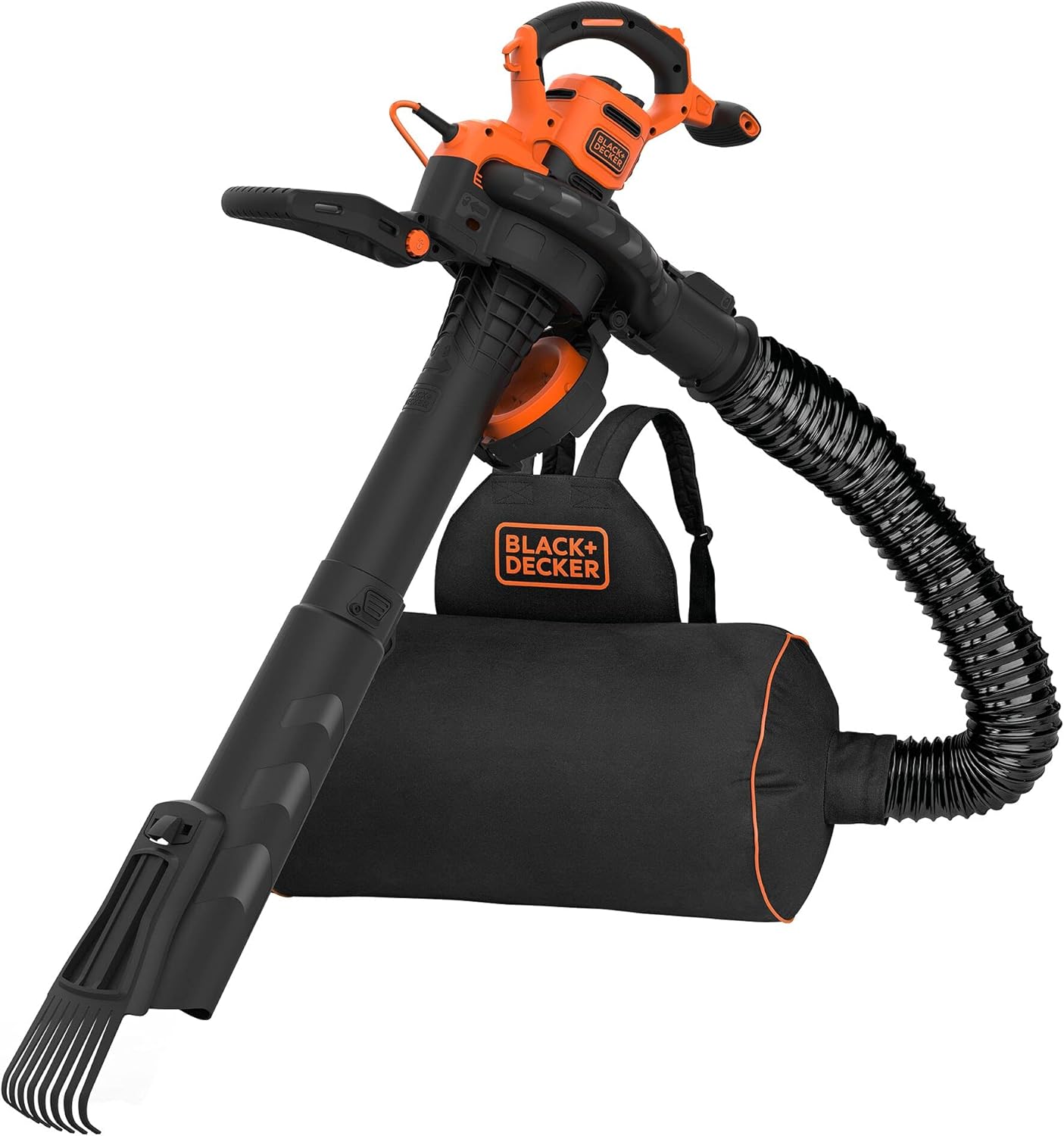 Black+Decker Aspiratore/Soffiatore Elettrico 3-in-1 BEBLV301 (3.000 Watt, con trituratore + rastrello raccogli foglie attaccabile, zaino raccogli foglie da 72l – elevata velocità di soffiaggio e potenza di aspirazione regolabile)