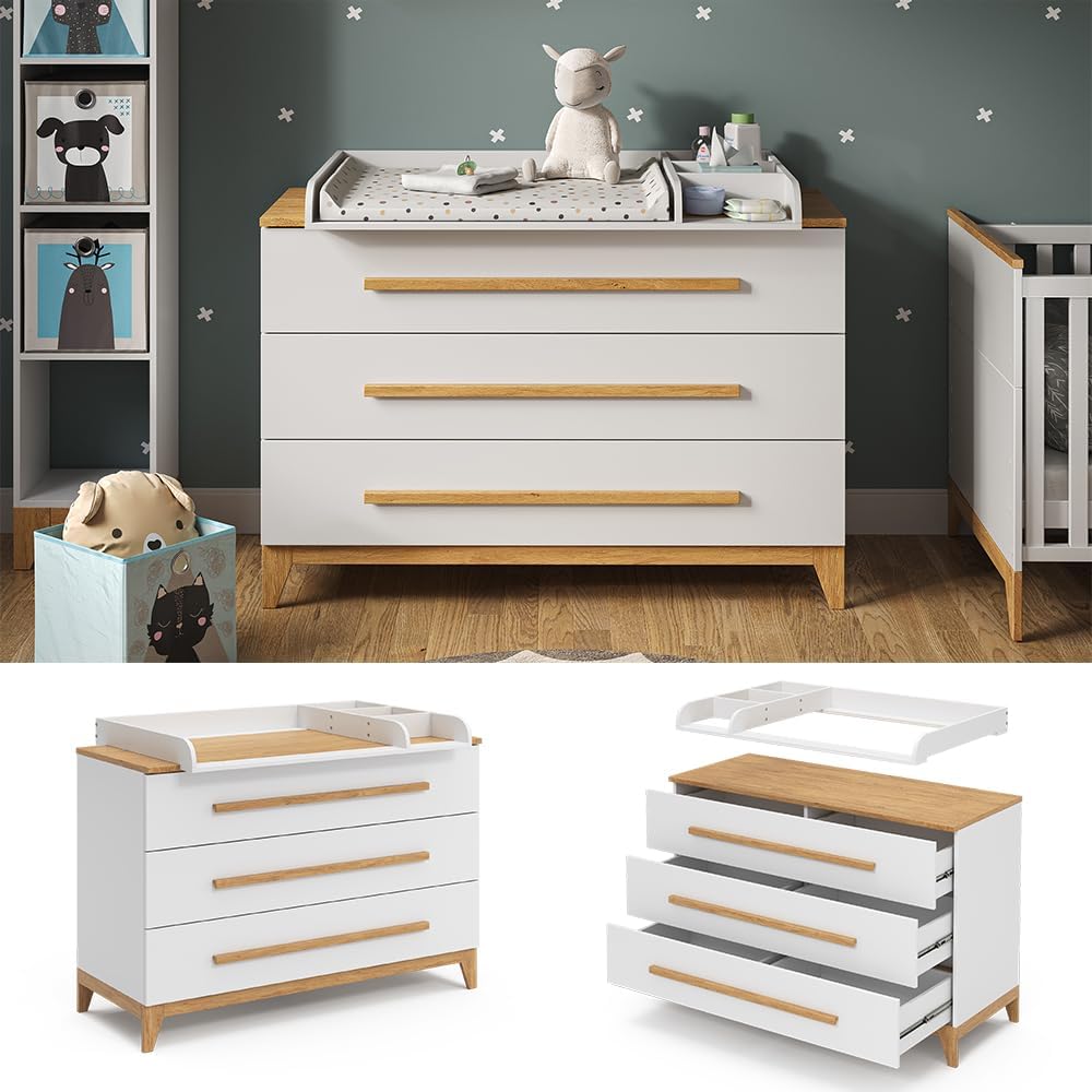 VitaliSpa Fasciatoio Malia, bianco/rovere, 133 x 98 cm XL con 3 cassetti