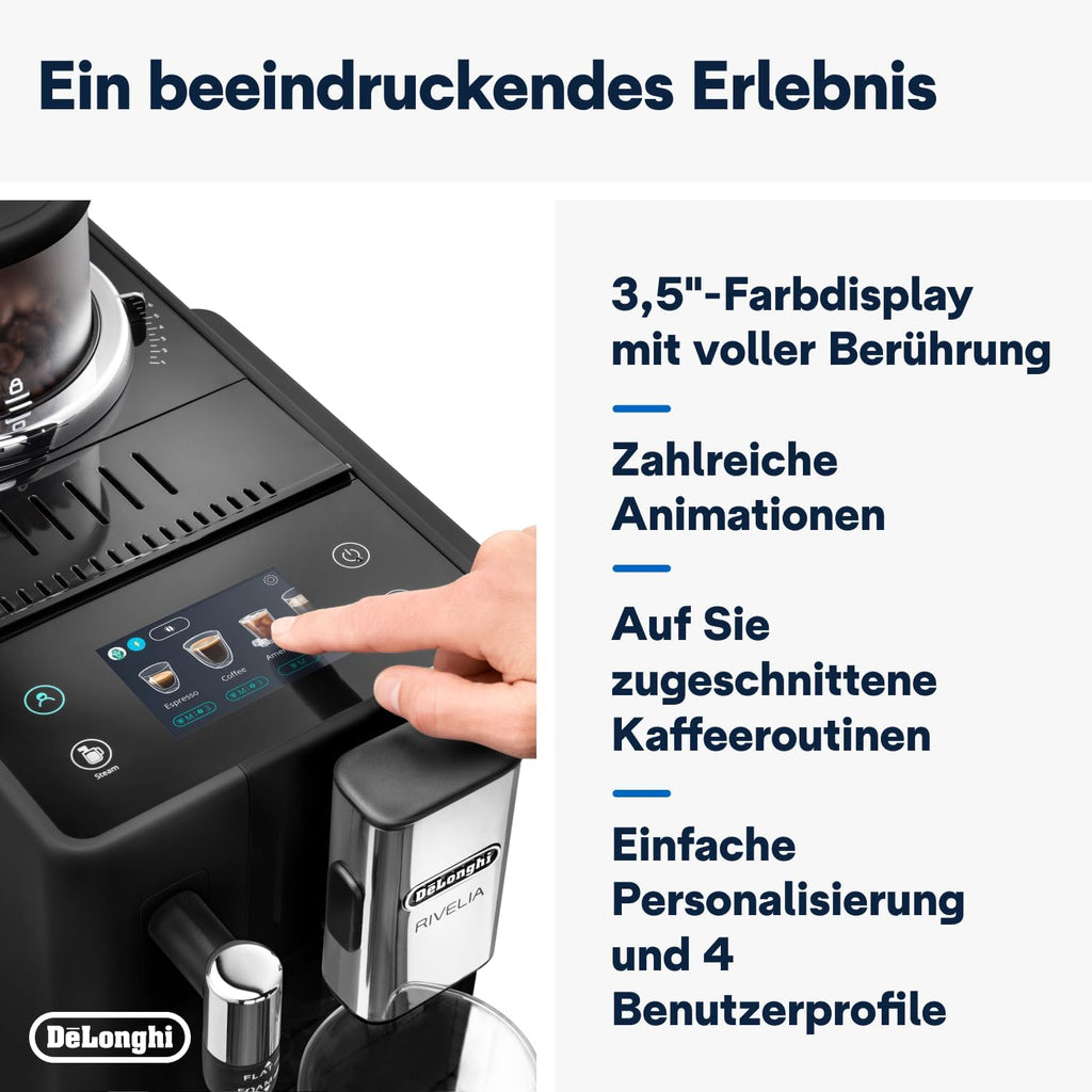 De'Longhi Rivelia EXAM440.35.BG Macchina da caffè automatica con lancia vapore, contenitore chicchi intercambiabile, 8 bevande a base di caffè one-touch, funzione Extra Shot, display touch da 3,5 pollici, Beige