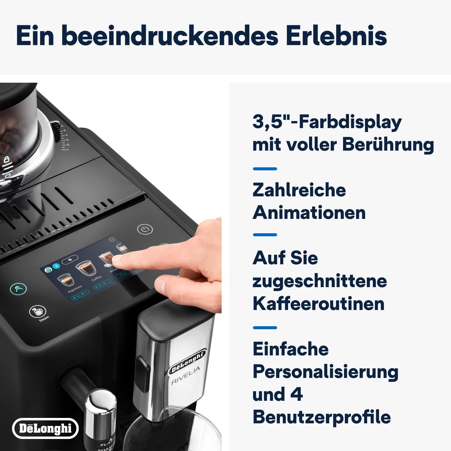 De'Longhi Rivelia EXAM440.35.BG Macchina da caffè automatica con lancia vapore, contenitore chicchi intercambiabile, 8 bevande a base di caffè one-touch, funzione Extra Shot, display touch da 3,5 pollici, Beige