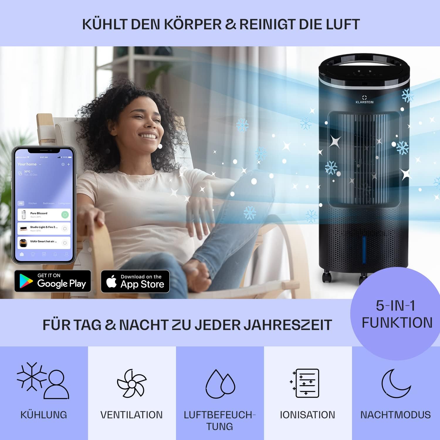 Klarstein Raffreddatore d'aria con Raffreddamento ad acqua, Raffrescatore Evaporativo Silenzioso 4-in-1, Umidificatore, Ventilatore e Modalità Notte, Raffrescatore Evaporativo Portatile 7L, 65W Air Cooler, Flusso d'aria di 330m³/h