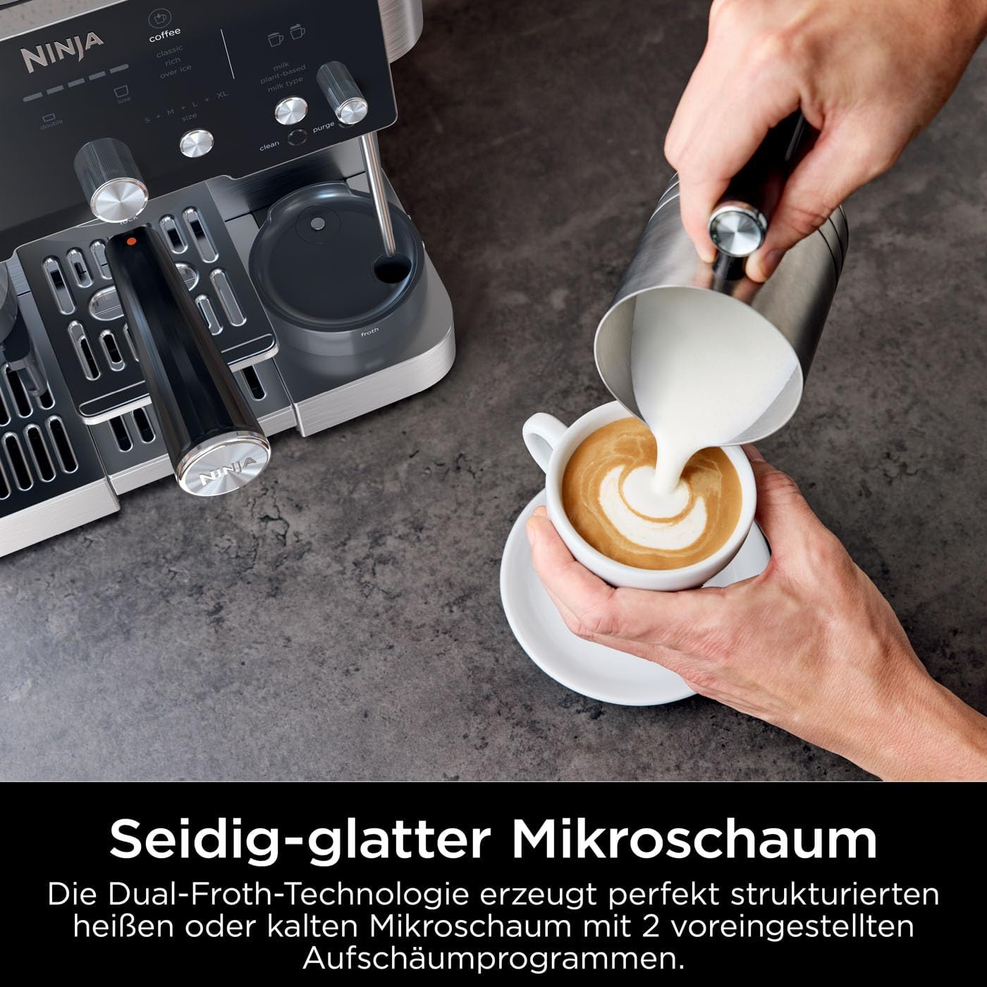 Ninja Luxe Essential Macchina da caffè 2-in-1 con macinacaffè e montalatte per latte, cappuccino ed espresso, facile da usare, 2 impostazioni predefinite per la schiuma, argento, ES501EU