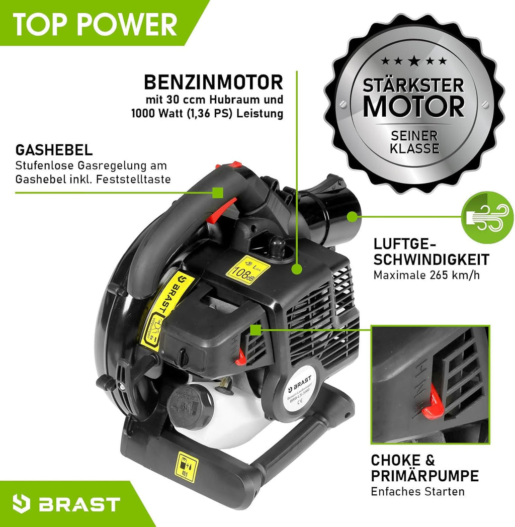 BRAST® Aspiratore Soffiatore per Foglie a Benzina 1,0kW(1,36PS) | Sacco di Raccolta da 55L | incl. 2 Tubi Soffiatori, Tracolla & Impugnatura Anti-Vibrazione | Funzione 4in1 | Velocità di Soffiatura 73 m/s