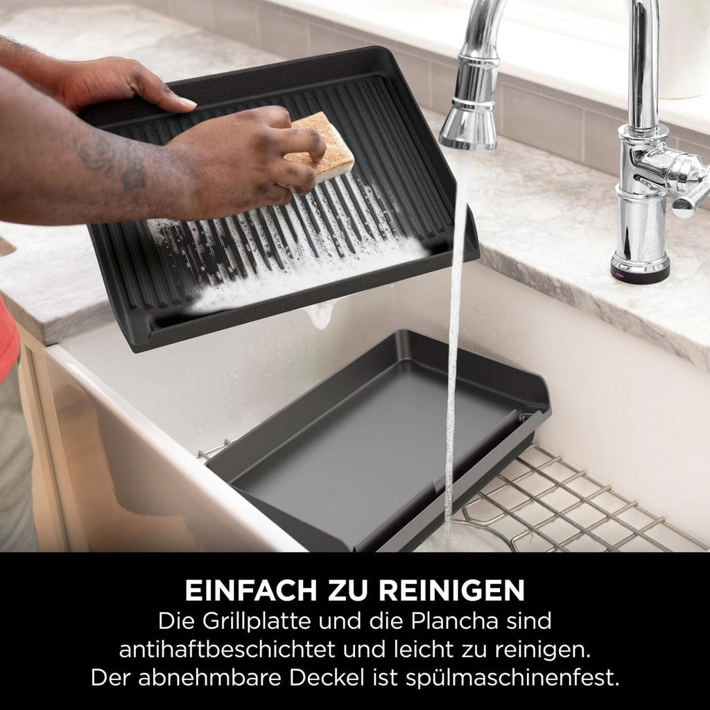 Ninja Sizzle Elektrogrill Indoor & Plancha (Flat Grill Plate) mit Antihaft-Grillplatte, abnehmbarer & spülmaschinenfester Deckel, Fettauffangbehälter, Temperaturregler & Rezeptbuch, Grau GR101EU