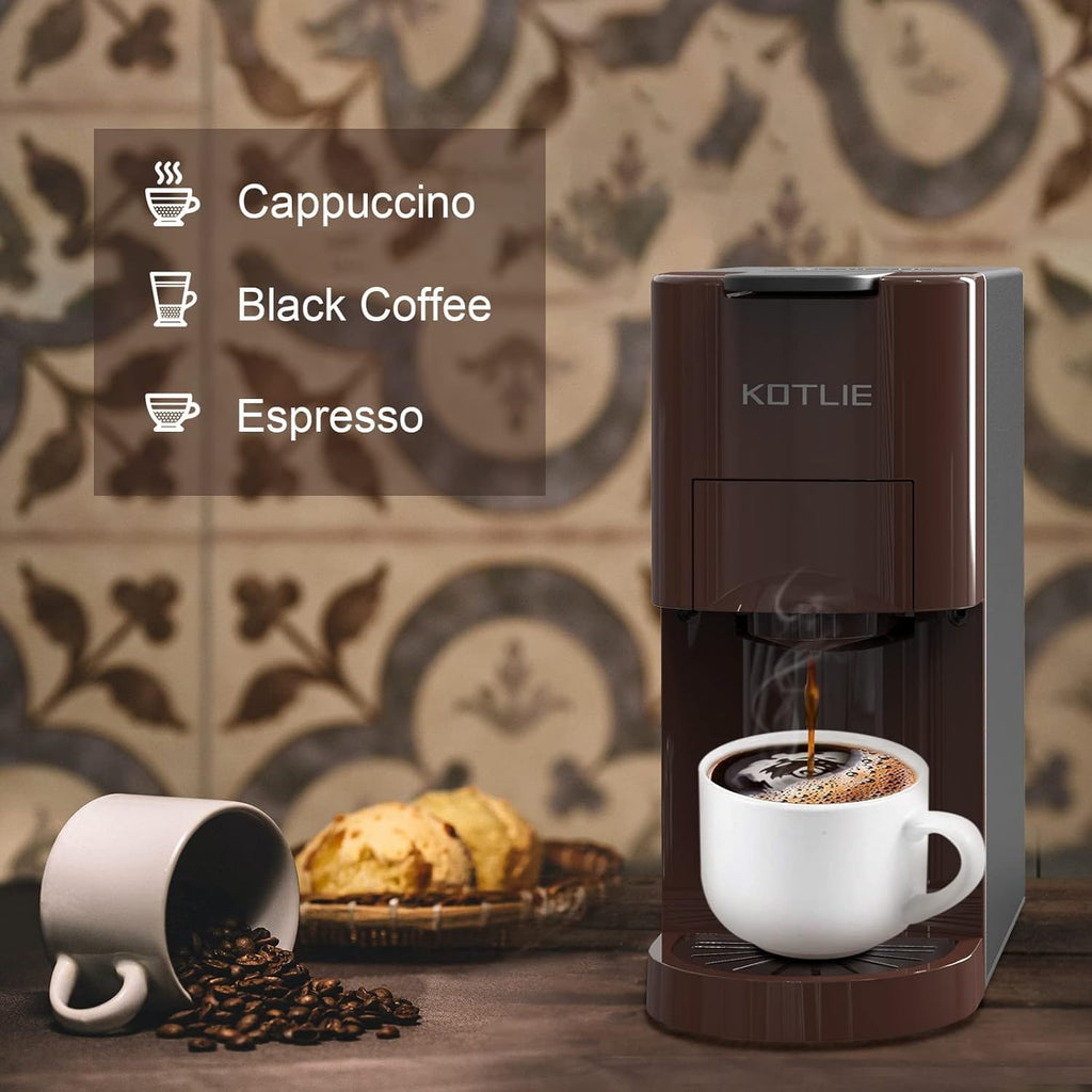 KOTLIE AC-513HF 5 in 1 Kaffeemaschine für NES/DG/a modo mio/Gemahlener Kaffee/ESE(44mm), Höhe für große Tassen (Schwarz)