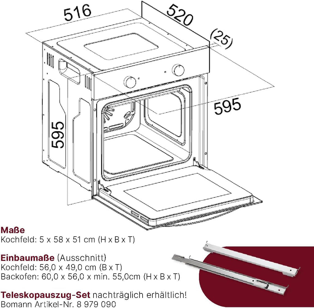 Bomann Set Forno Elettrico | Forno Incasso con Piano Cottura in Vetroceramica | Piano Cottura con 4 Zone di Cottura | Forno da Incasso con Capacità 56l | 9 Funzioni Forno | Piano Cottura in Vetroceramica con Zona Arrosto | EHBC 7936 IX
