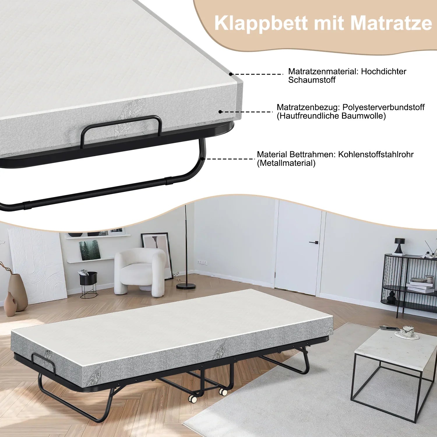 Sonnewelt Letto Pieghevole 90x200cm con spessore di 13cm e rotelle