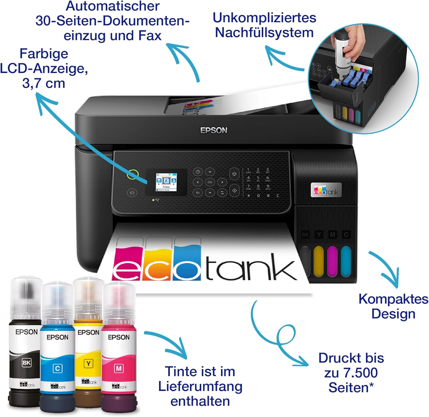 Epson EcoTank ET-4800 Stampante multifunzione A4 con serbatoio di inchiostro e Wi-Fi, con inchiostro incluso per un massimo di 3 anni
