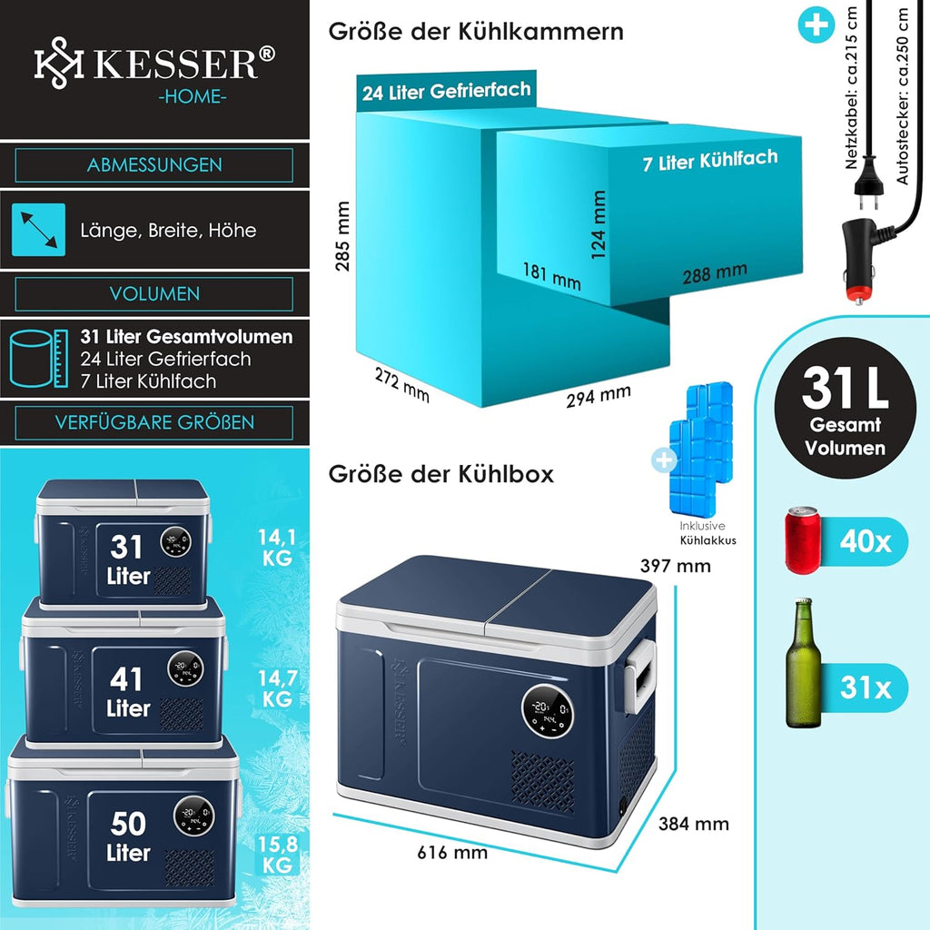KESSER® Frigorifero Portatile a Compressore 2in1 Doppia Zona Fredda & Congelatore, Box Congelatore Elettrico con 2x Ghiaccioli & Controllo Touch LED | Refrigerazione fino a -20 °C per Campeggio, Auto, Camion 12/24V 230V