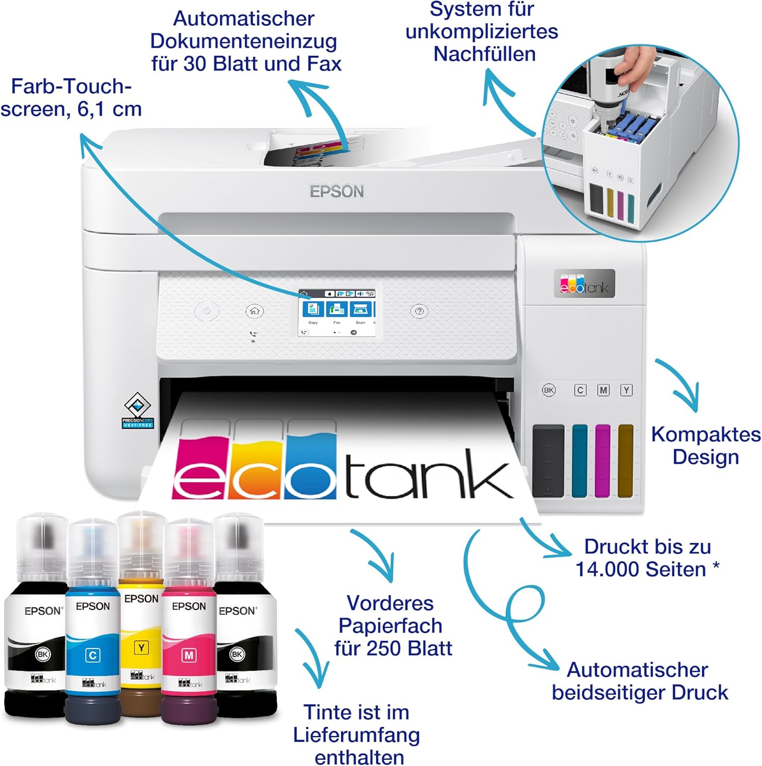 Epson EcoTank ET-4800 Stampante multifunzione A4 con serbatoio di inchiostro e Wi-Fi, con inchiostro incluso per un massimo di 3 anni