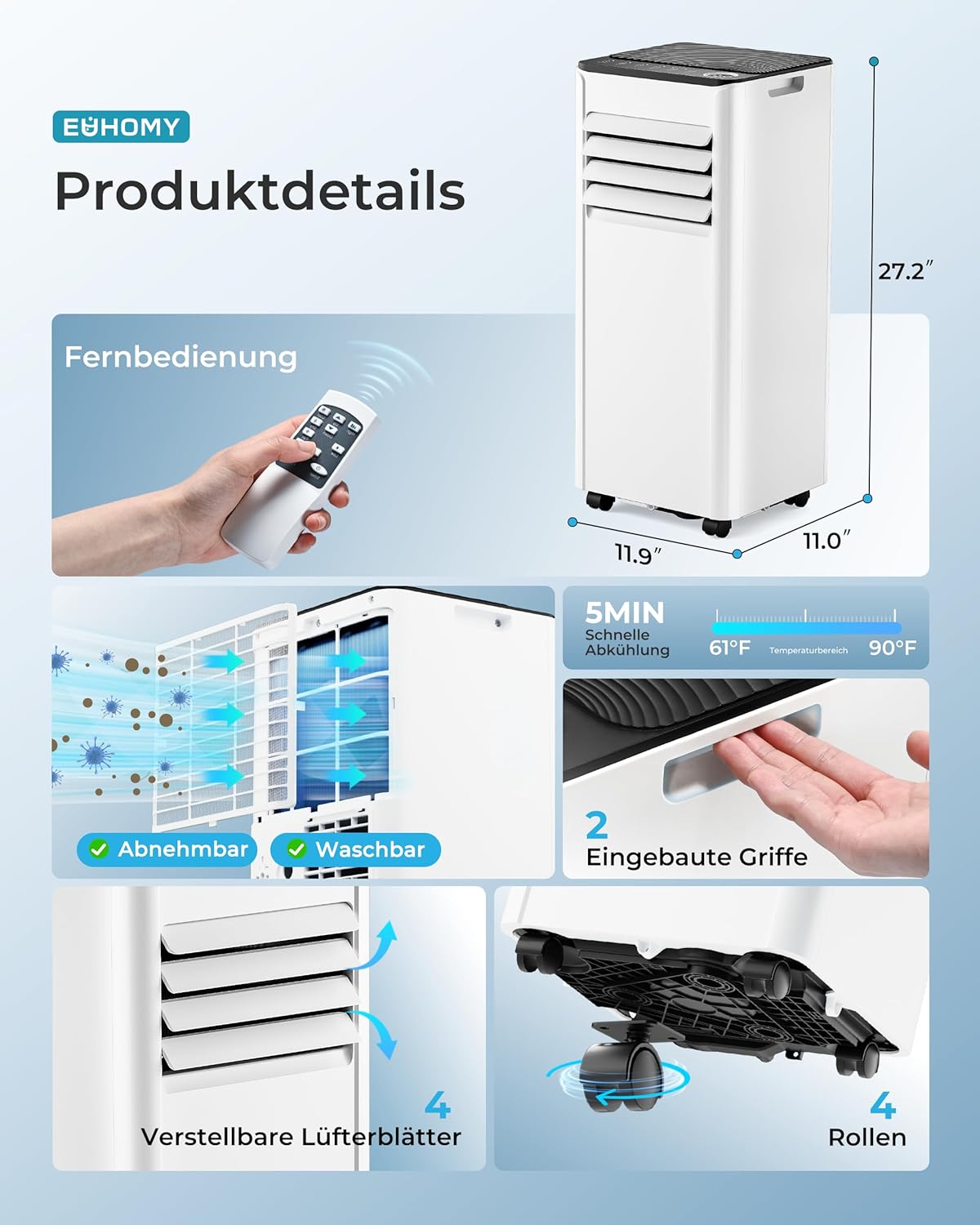 Condizionatore Portatile 9000 BTU con Tubo di Scarico | Climatizzatore Mobile 4-in-1 | Funzionamento Silenzioso